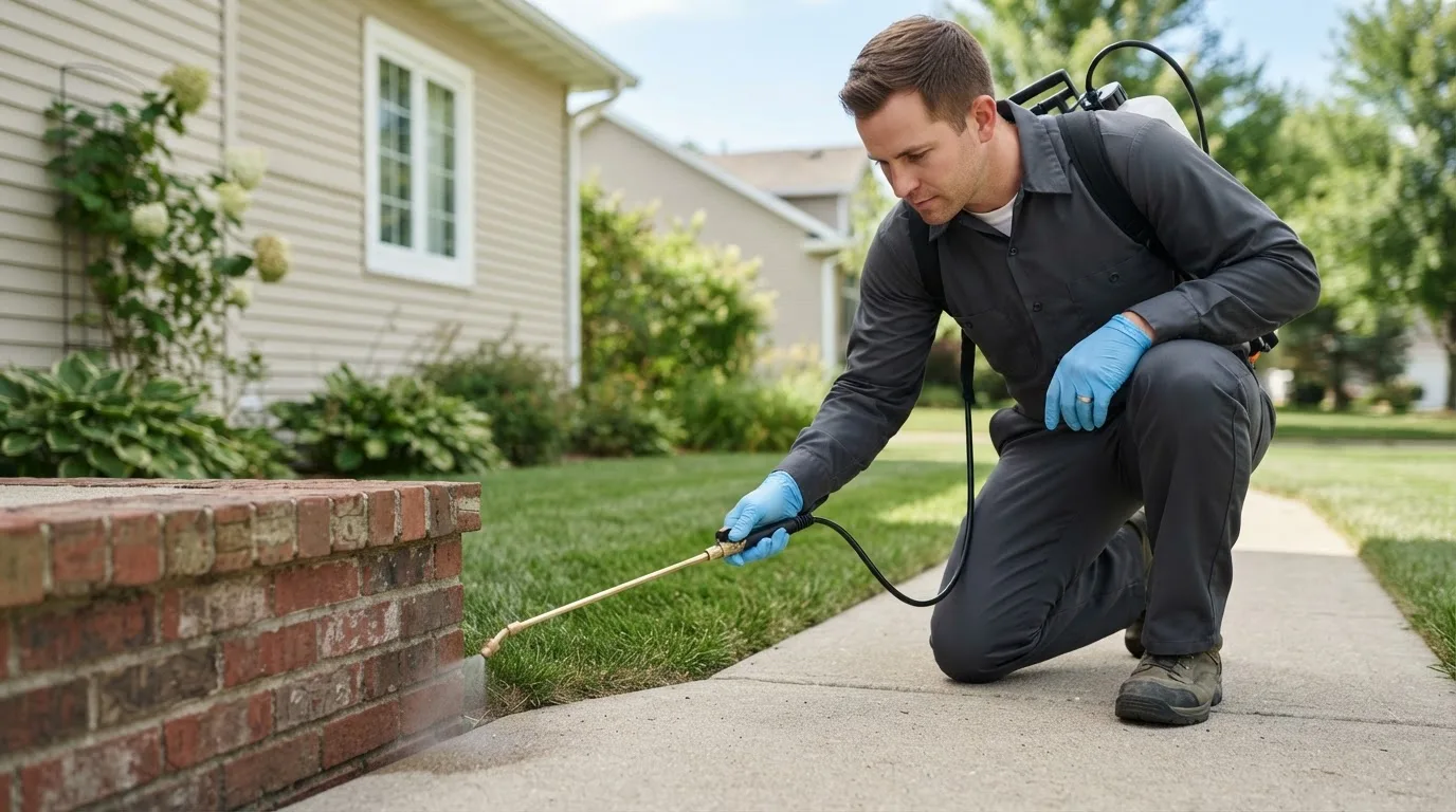 Pest control technician treating a home near Ranson, WV